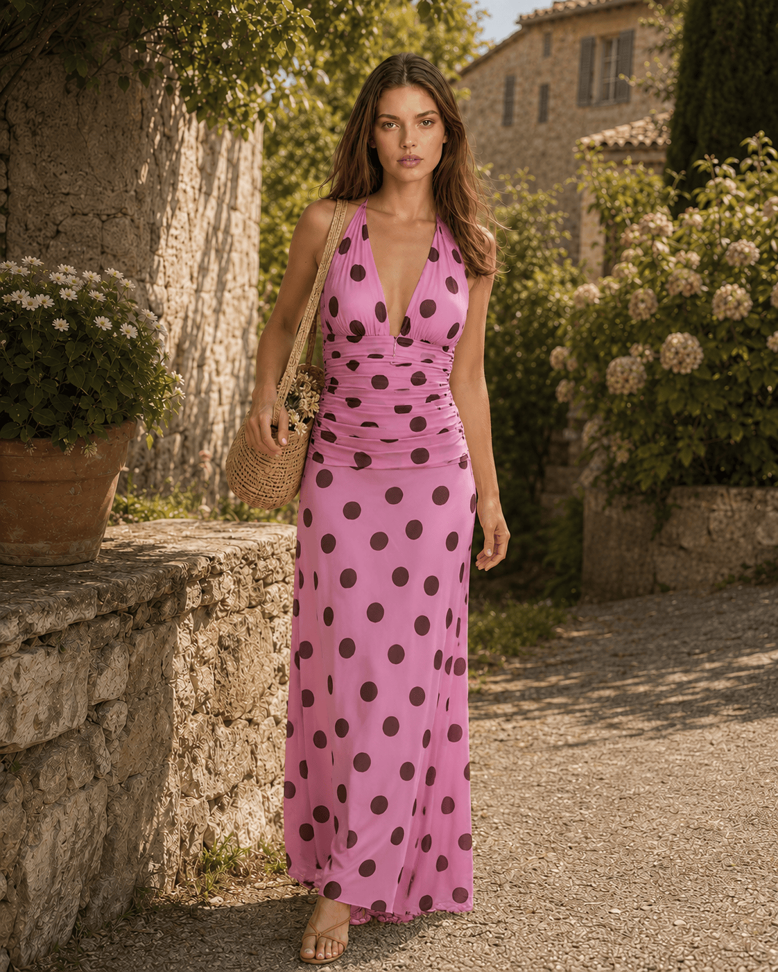 Polka Dot Halter V-Neck Color Block Bodycon Maxi Dress