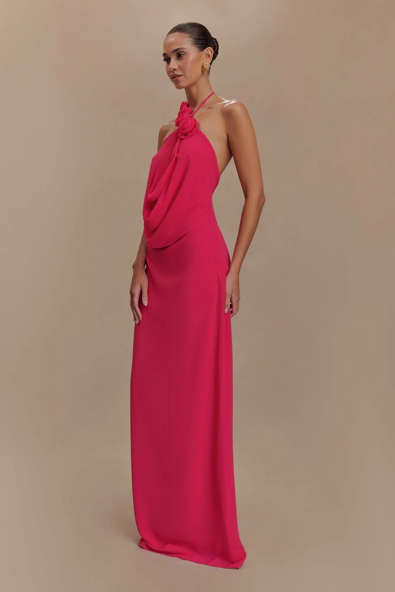 Satin Rosette Decor Halter Long Dress