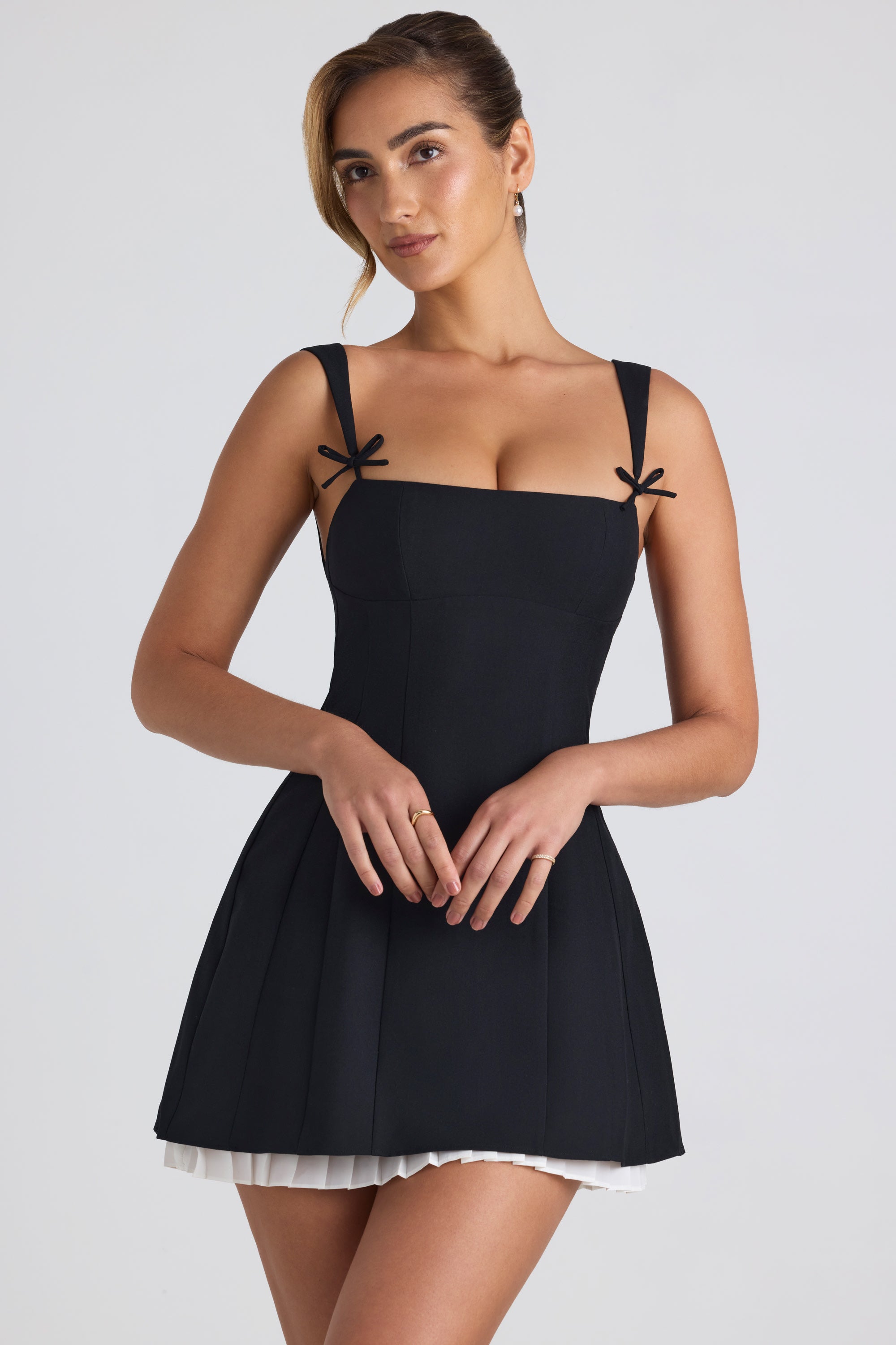 Bow-Detail Pleated A-Line Mini Dress