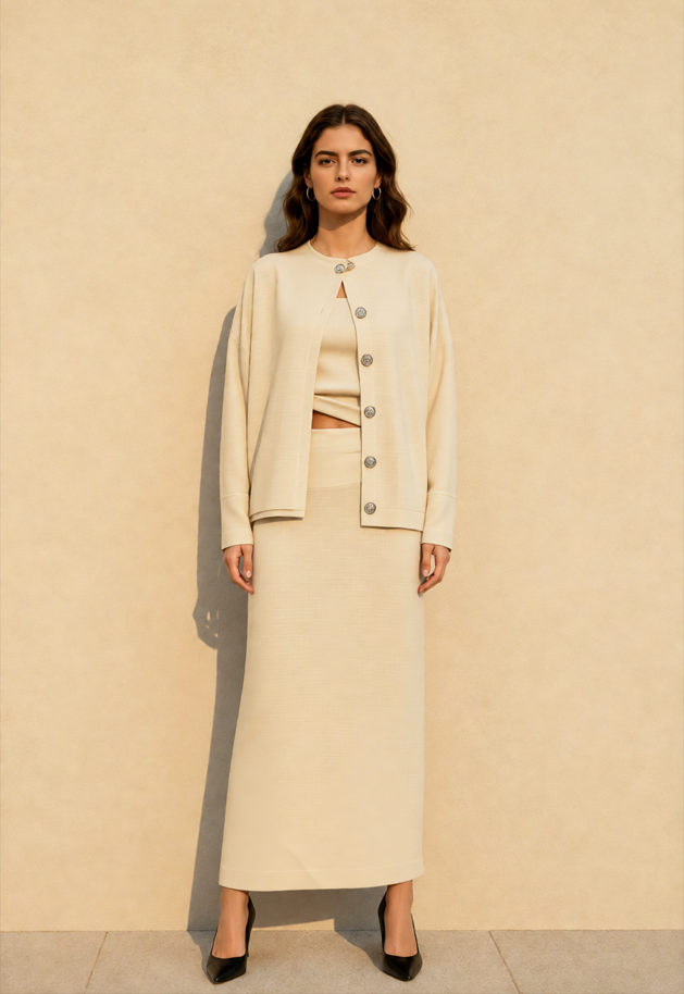 Elegant Minimalist Knit Long Sleeve Cardigan Cami Three Piece Set