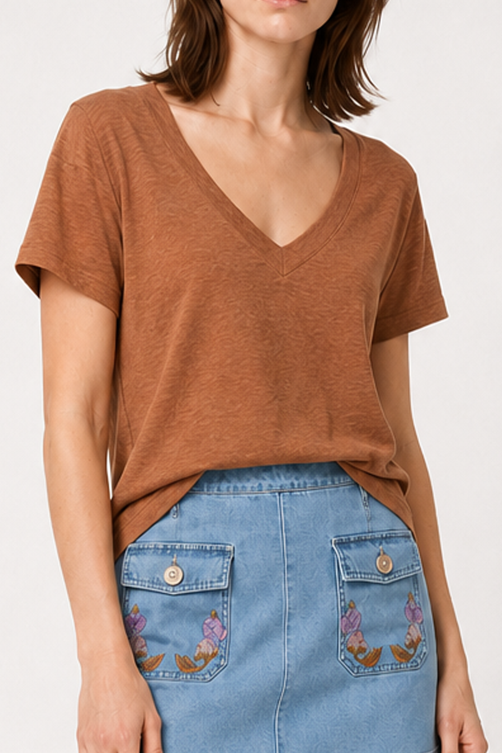 Minimalist Solid Deep V Neck Slub Cotton Loose T-shirt