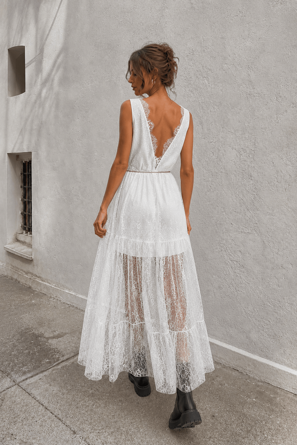 Sexy Solid V Neck Loose Lace Maxi Dress