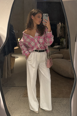 Pink Plaid Loose Fit Button-Up Blouse