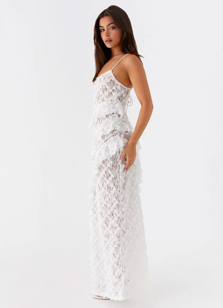 Suspender hollow Ladder Ruffle Long Dress