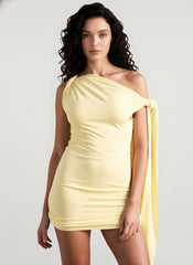 Elegant Tie Strap Asymmetric Neck Ruched Bodycon Mini Dress