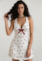 Cherry Print Halter Backless Mini Dress