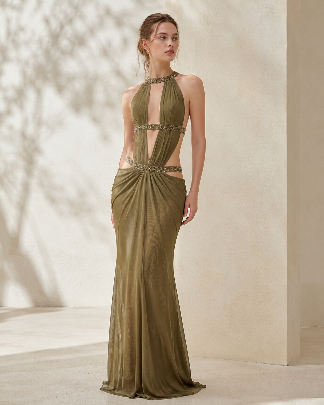 Elegant Sexy Cutout Rhinestone Backless Maxi Dress
