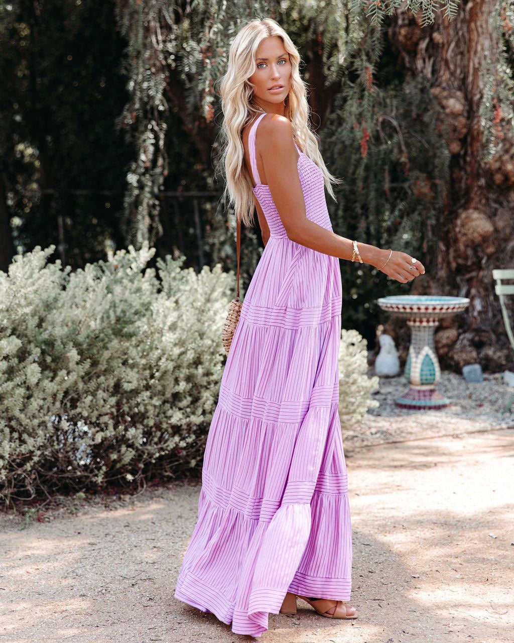 Pinstripe Shirred Backless Long Cami Dress