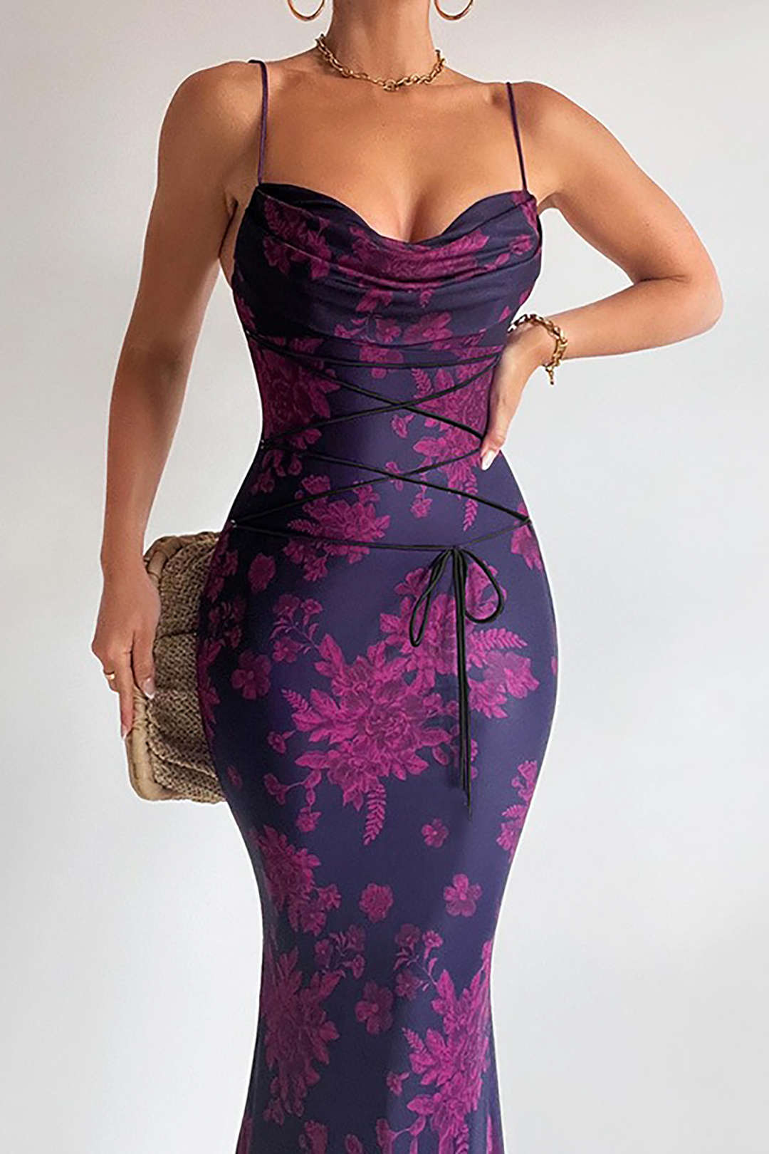 Floral Print Cowl Neck Tie Slip Maxi Dress