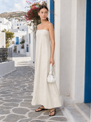 Khaki Cotton Linen Strapless Backless Maxi Dress