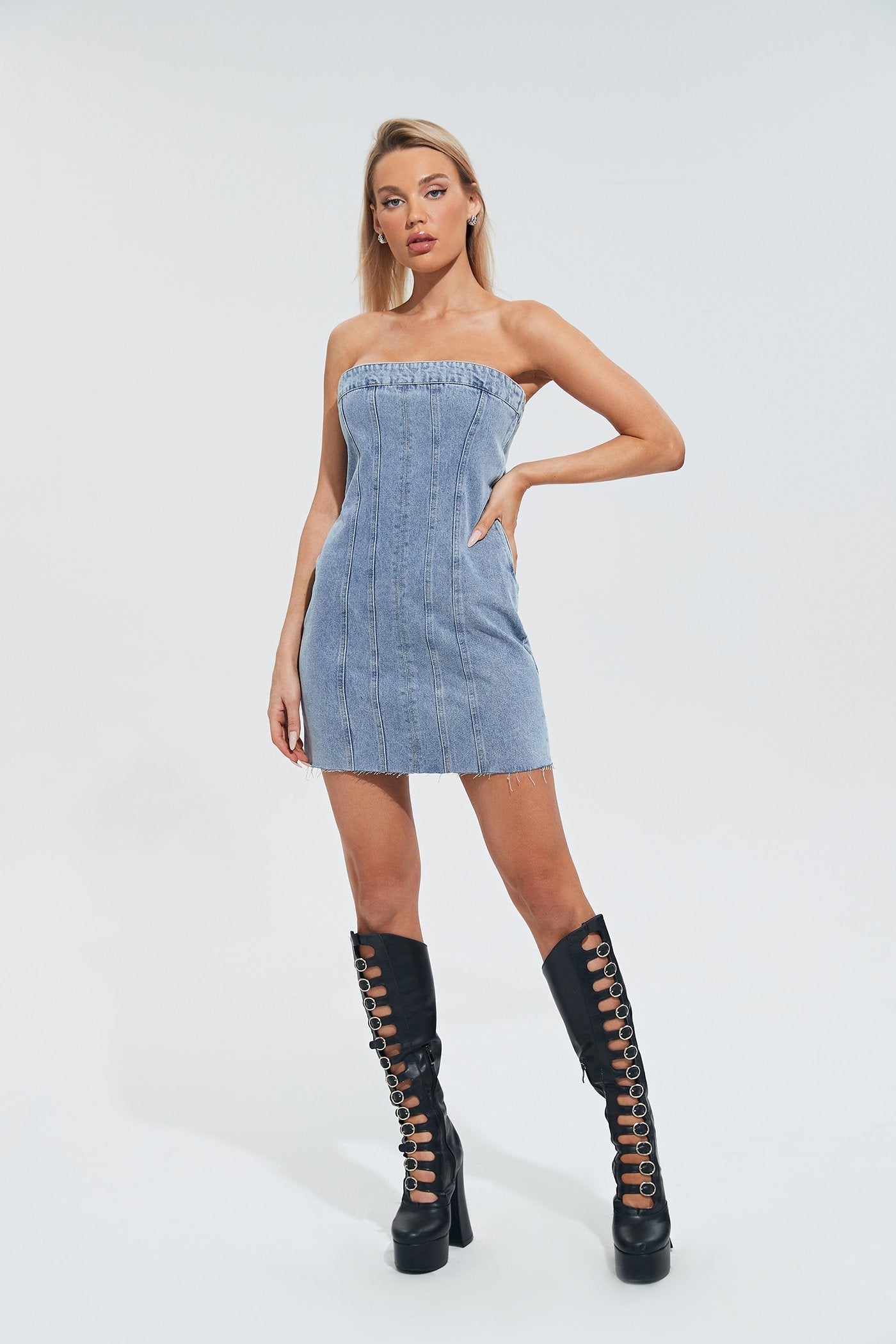 Off Shoulder Raw Hem Cinched Waist Denim Dress