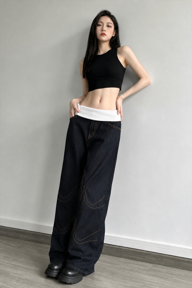 Washed Distressed Sporty Waist Wide Leg Jeans