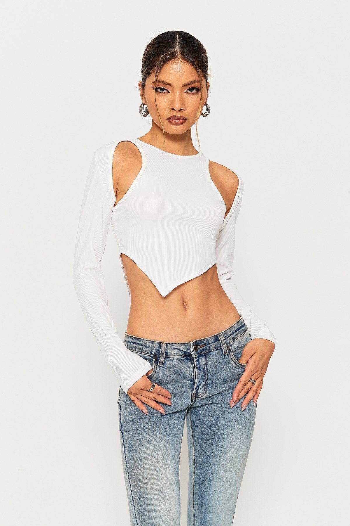 Cut Out Asymmetrical Hem Long Sleeve Top