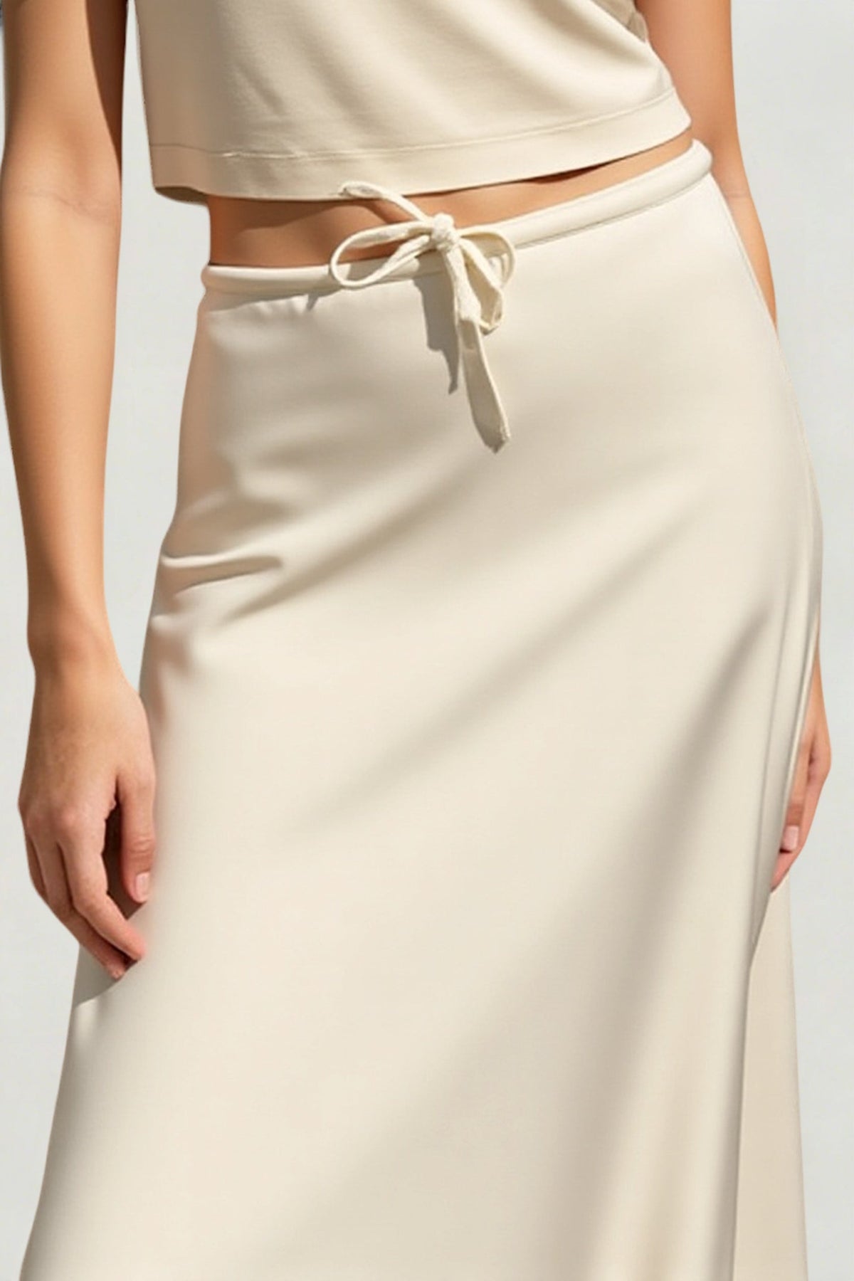 Elegant Lace Trim Tie Waist Midi Skirt