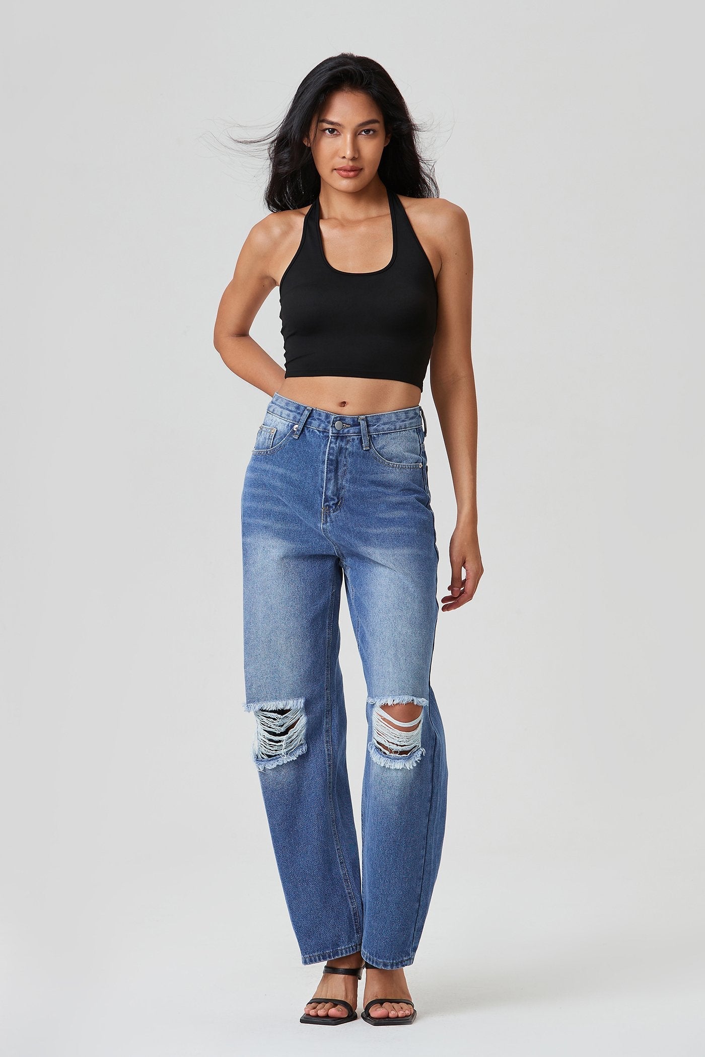 Low Waist Ripped Washed Dual Pocket Straight Pants