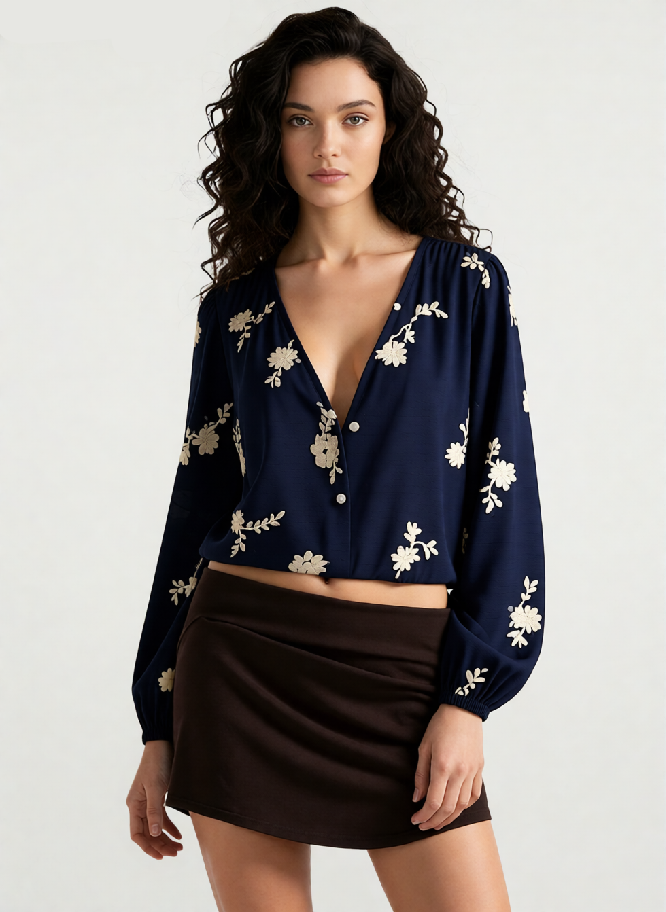 Collared Print Puff Sleeve Blouse
