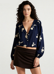 Collared Print Puff Sleeve Blouse