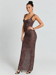 Leopard Mesh Cami Bodycon Jumpsuit Maxi Dress