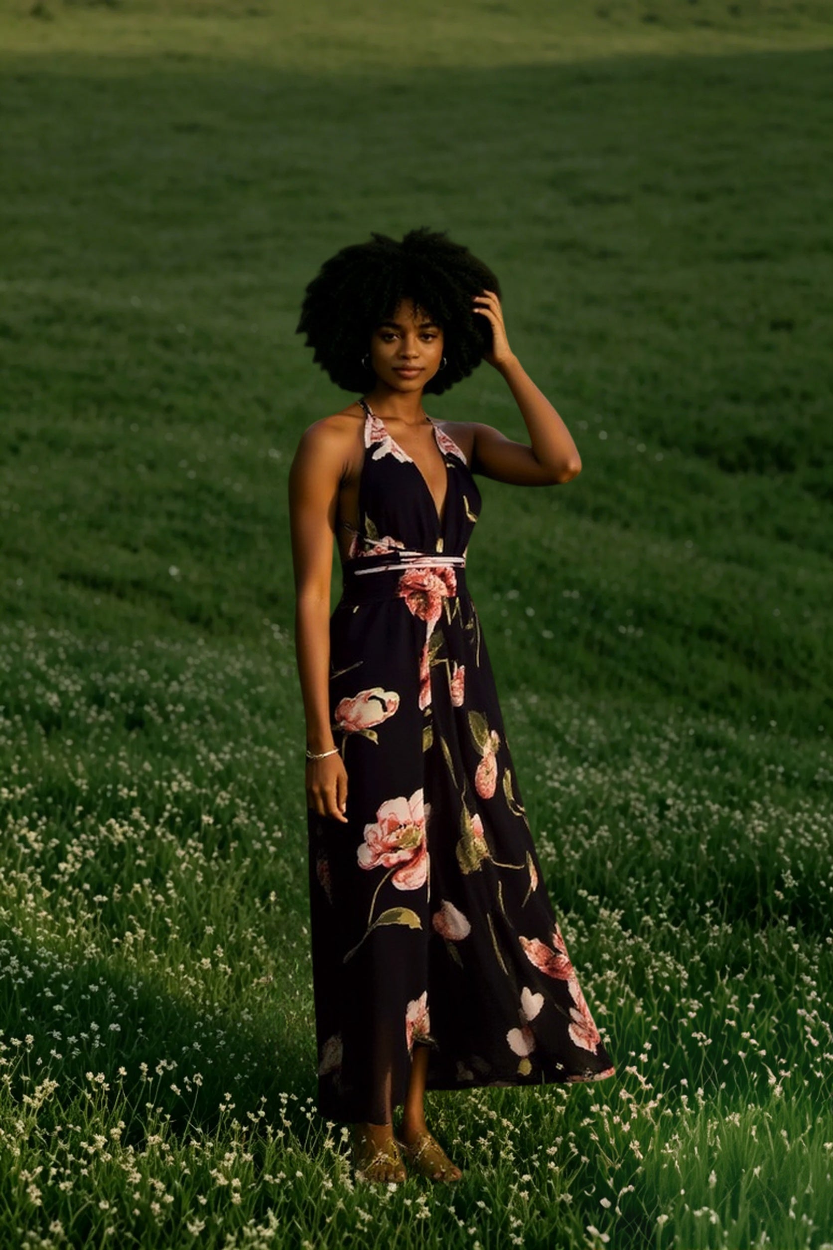 Summer Floral  Pleated Backless Robe Evenning- Midi Dresses