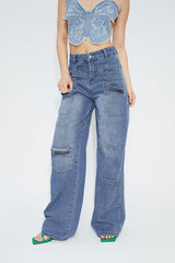 Low Waist Pocket Patched Wide Leg Jeans