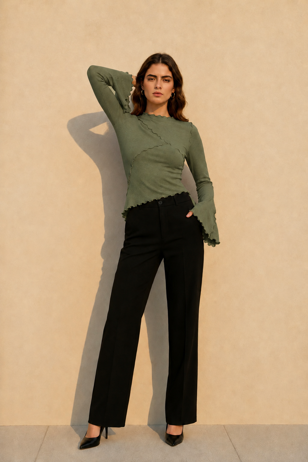 Solid Mock Neck Paneled Ruffled Long Sleeve Tee