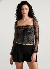 Polka Dot Bow Boned Mesh Panel Crop Top