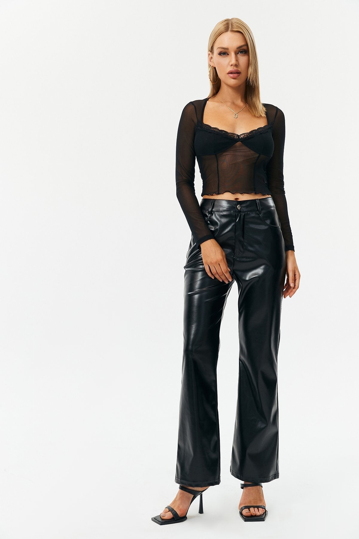 Lace Trim Mesh Cut Out Long Sleeve Top