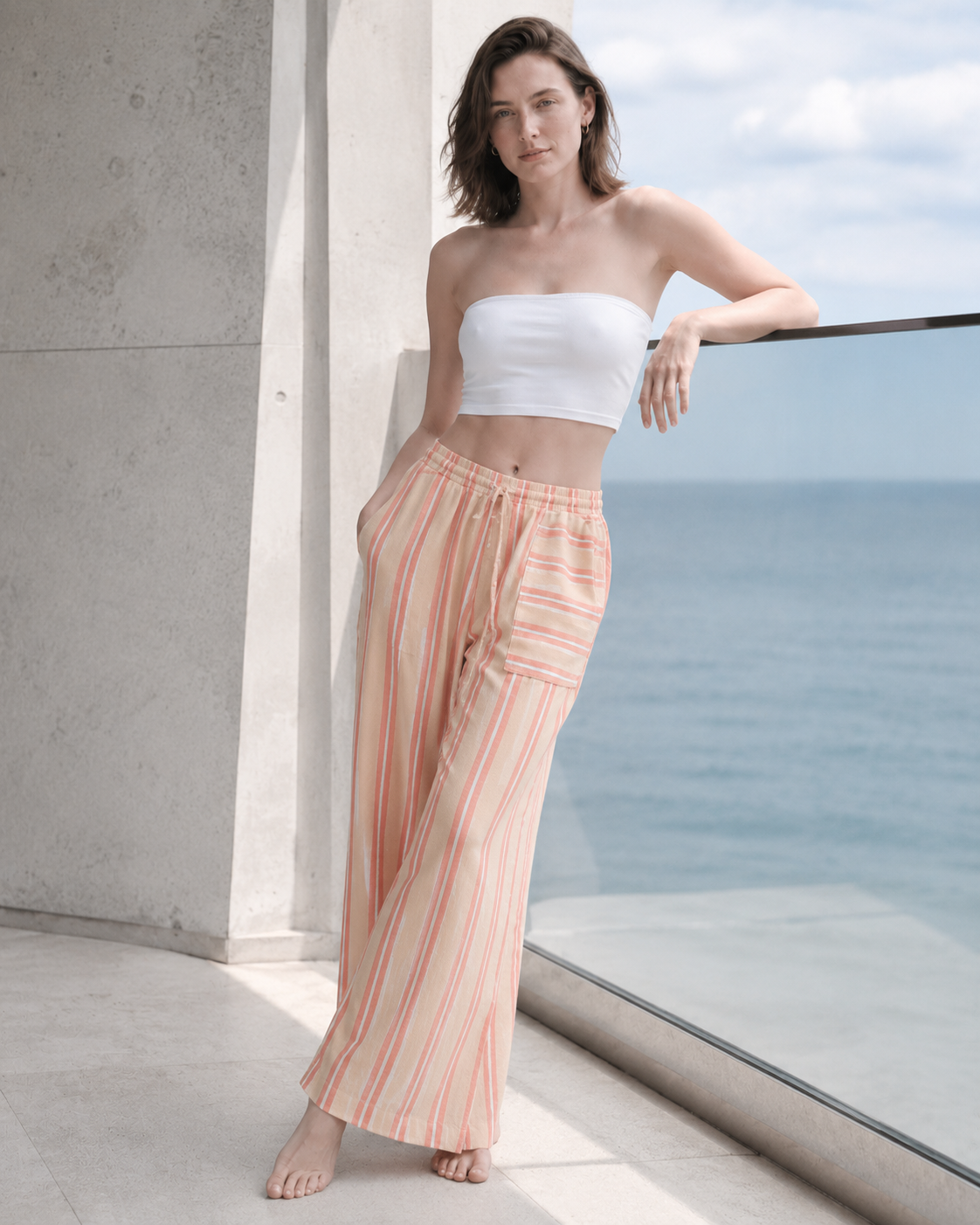 Beach Style Striped Drawstring Wide Leg Pants