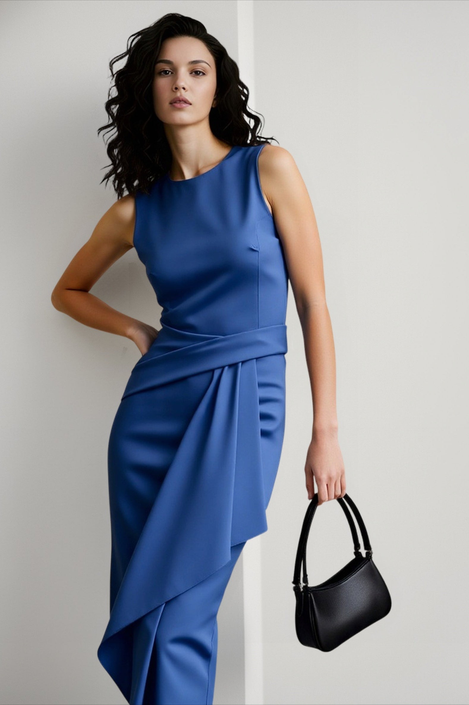 Solid Waisted Sleeveless Asymmetrical Long Work Dress
