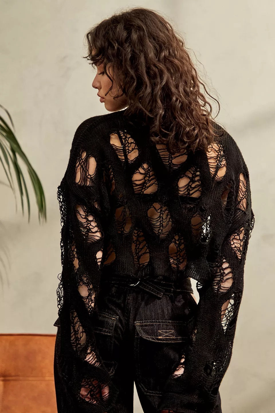 Round Neck Ripped Open Knit Long Sleeve Top