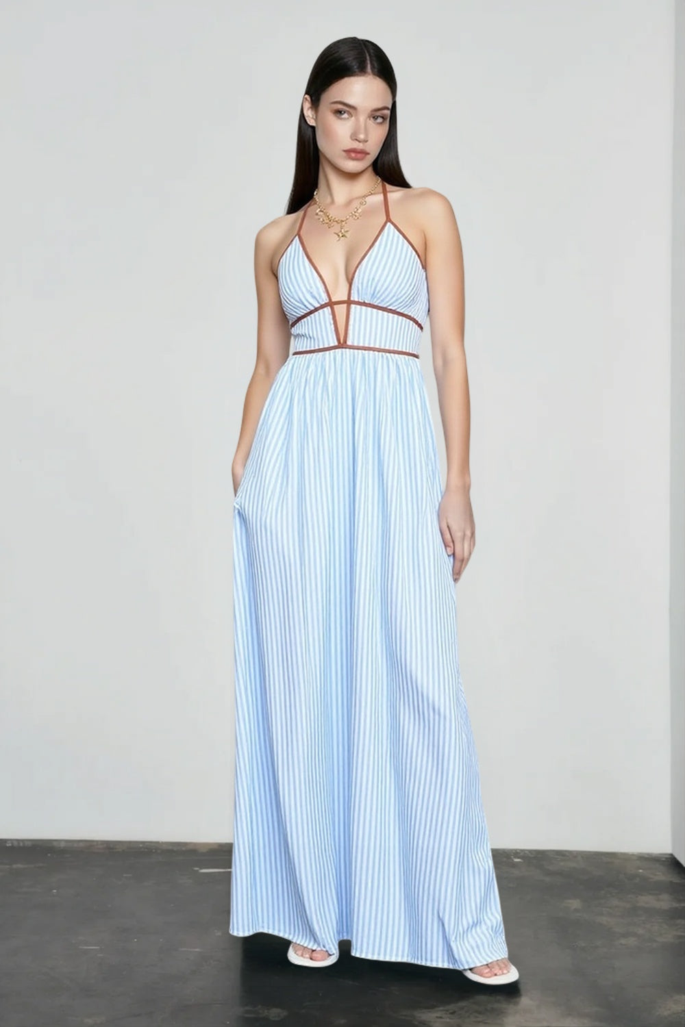 Deep V Striped Halter Vacation Dress