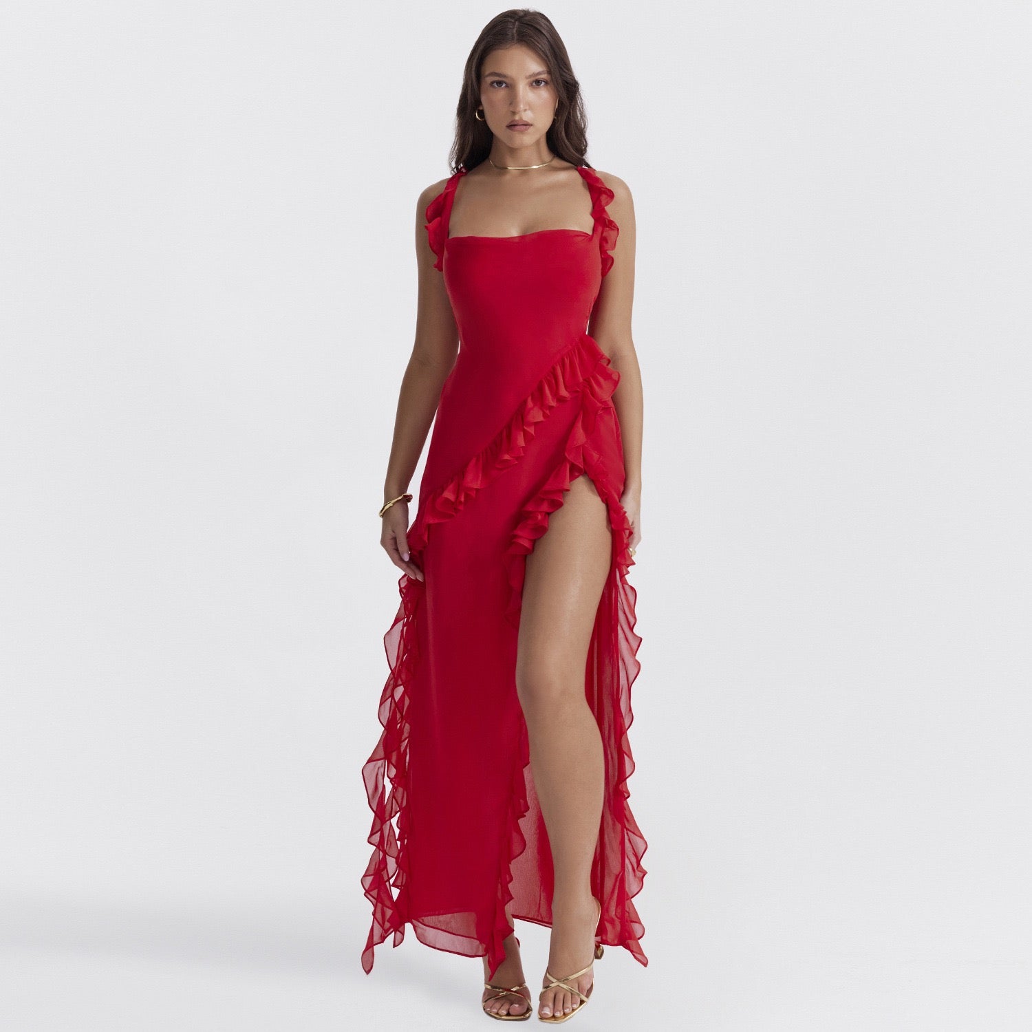 Asymmetric Multi Strap Ruffle Detail Maxi Dress