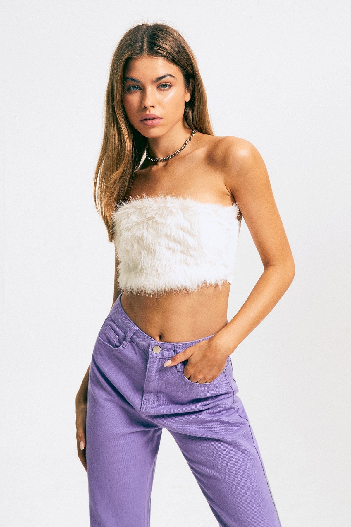 Fuzzy Off Shoulder Zipper Backless Tube Crop Top