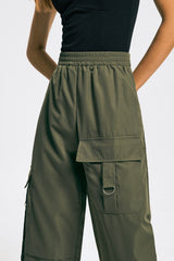 Flap Pocket Elastic Waist Solid Wide Leg Pants