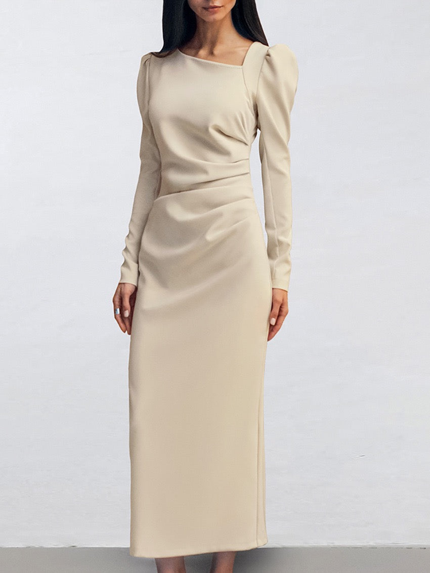 Ribbed Knit Asymmetric Long Sleeve Bodycon Long Dress