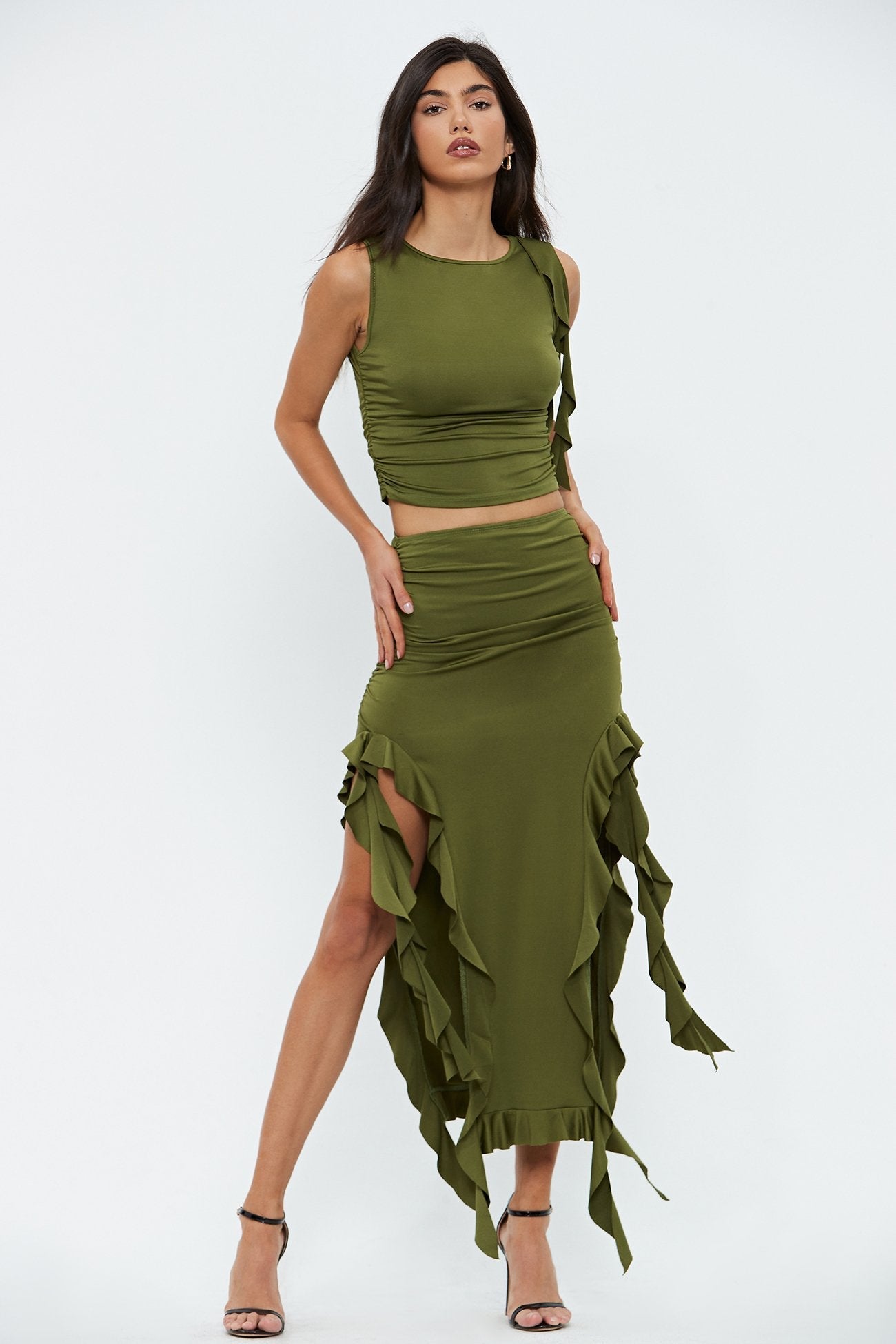 Ruffle Trim Sleeveless Crop Top & Split Hem Skirt Set