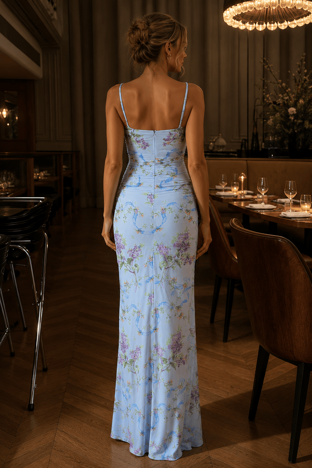 Ruched Split Spaghetti Strap Backless Floral Dress