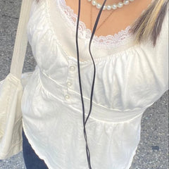 Grunge Lace Crop Y2K Vintage Square Neck Short Sleeve Sweet Gothic T-shirts