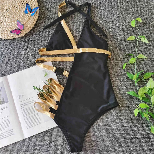 New Sexy Black Asymmetrical Women Swimwear One Piece Swimsuit