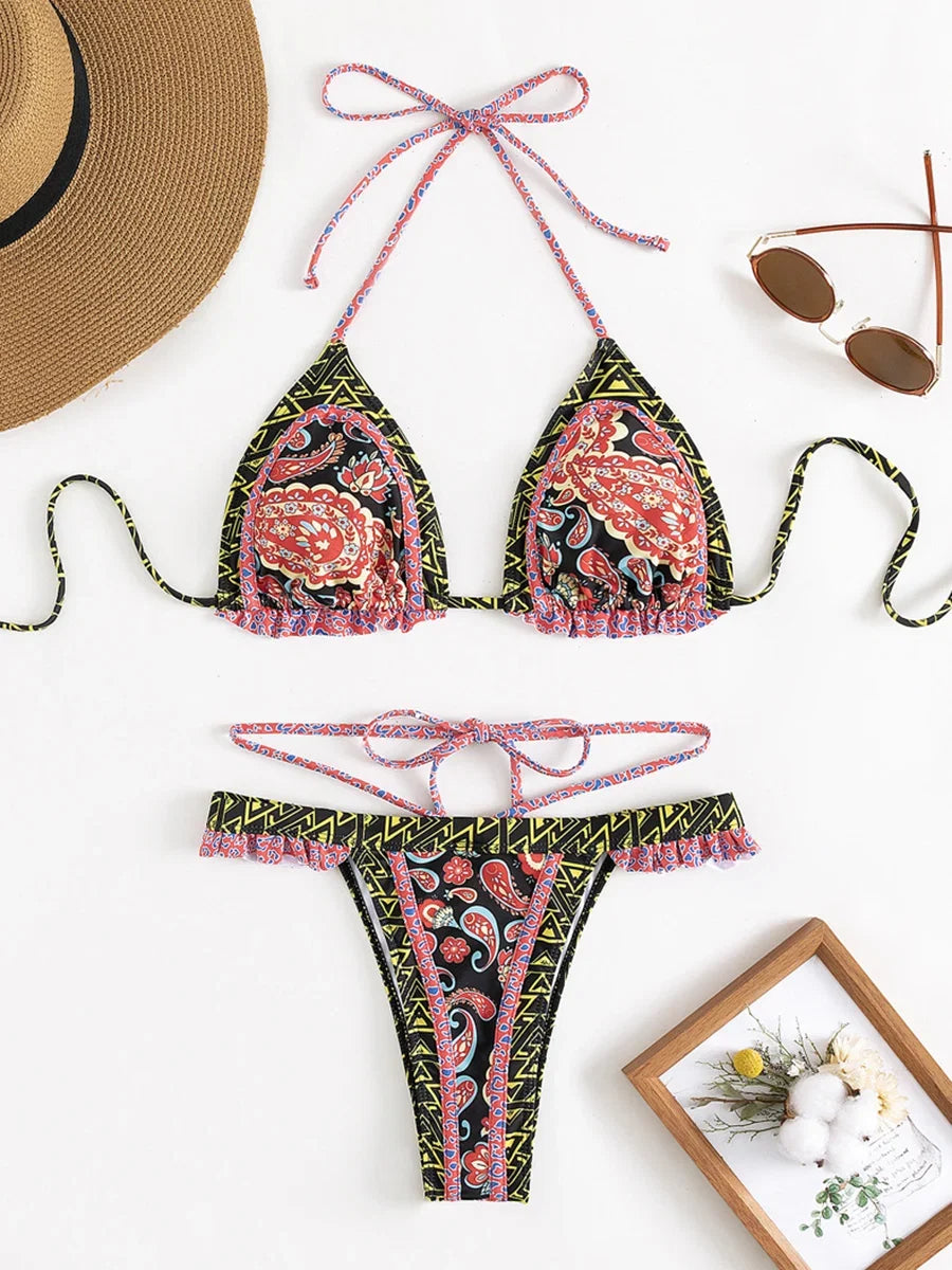 Floral Print Halter Ruffle Frilled Bikini