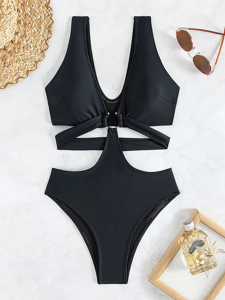 S - XL V Neck High Leg Cut One Piece Swimsuit