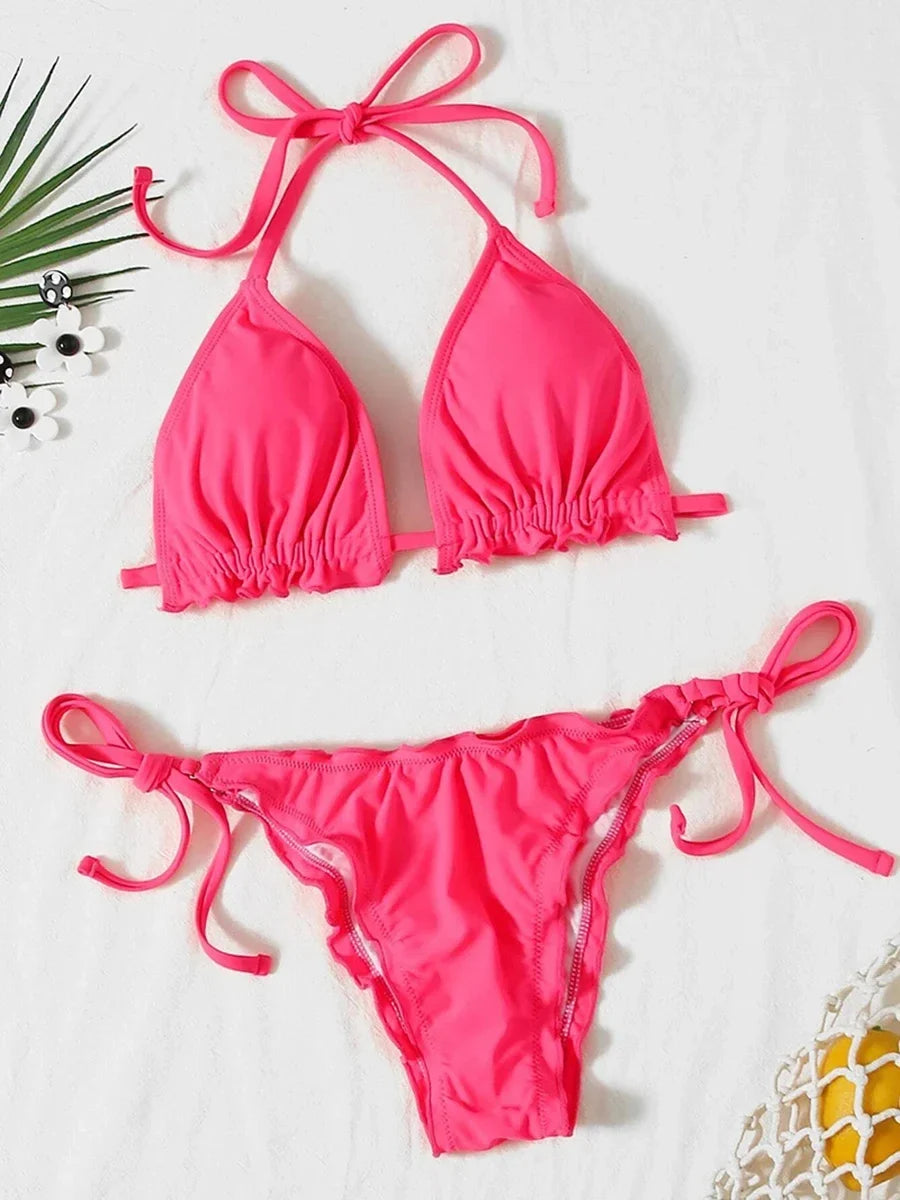 Halter String Ruffled Frilled Bikini