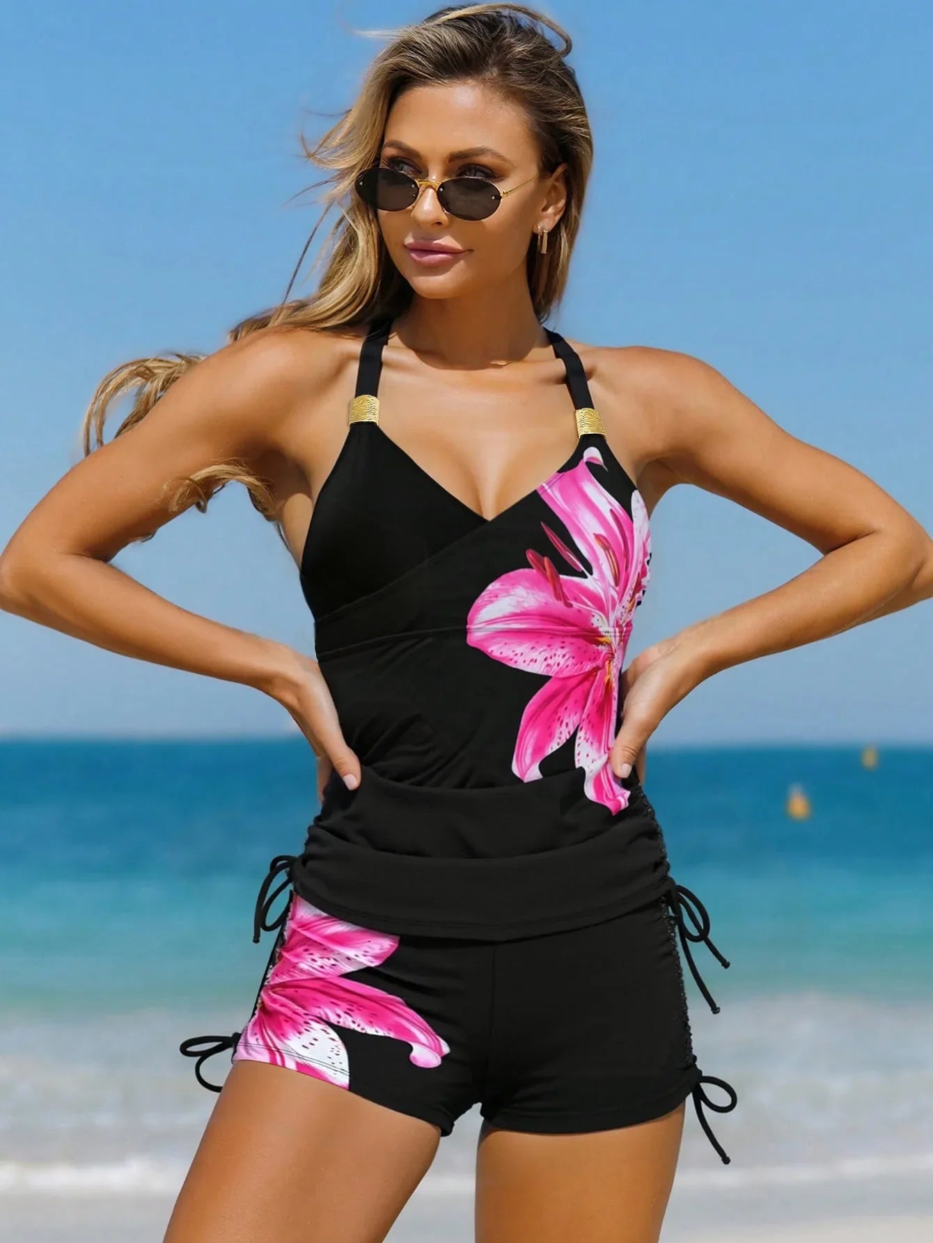 Sexy Blue Floral Print Tankini Set