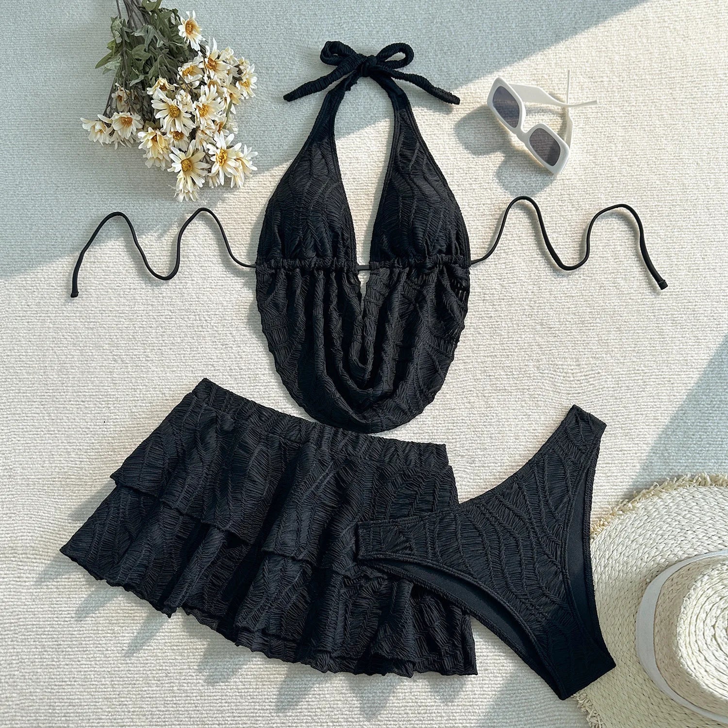 3PC with Skirt Wrinkled Halter Tankini Bikini