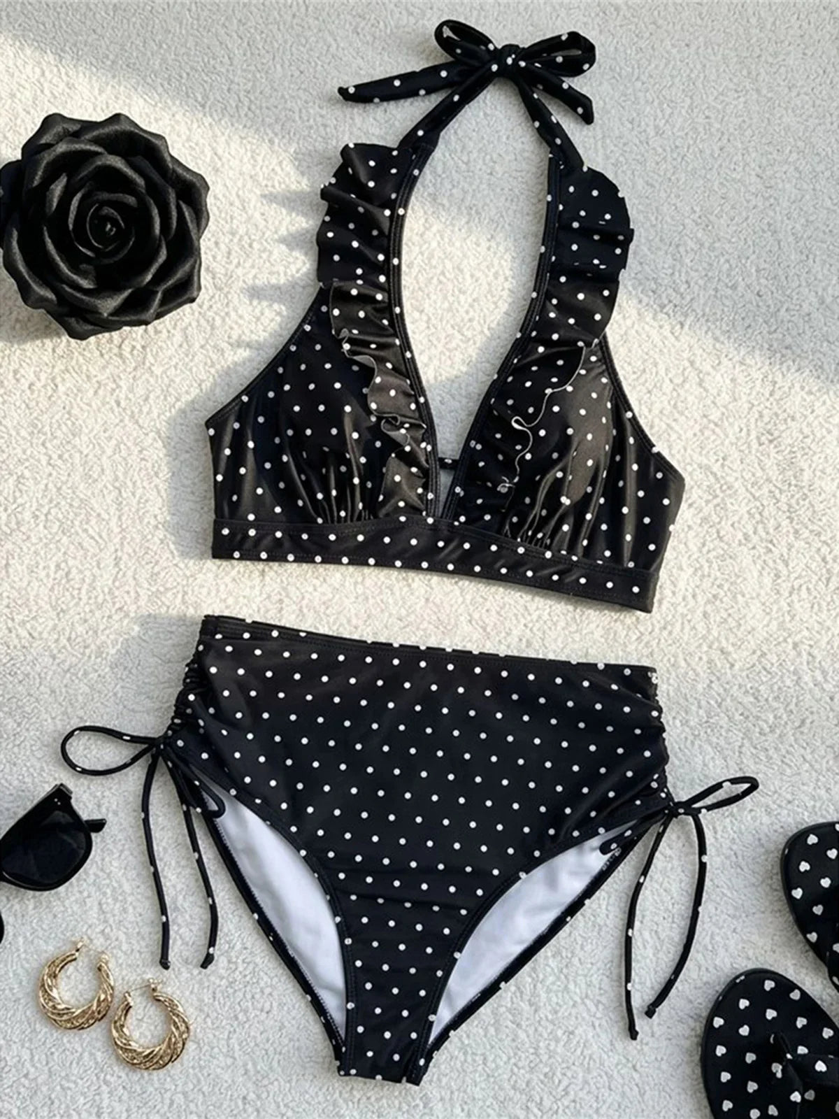 S - XL Polka Dot V Neck High Waist Bikini