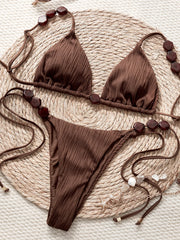 Ribbed Beaded Push Up Bra Bandage Thong Swimsuit