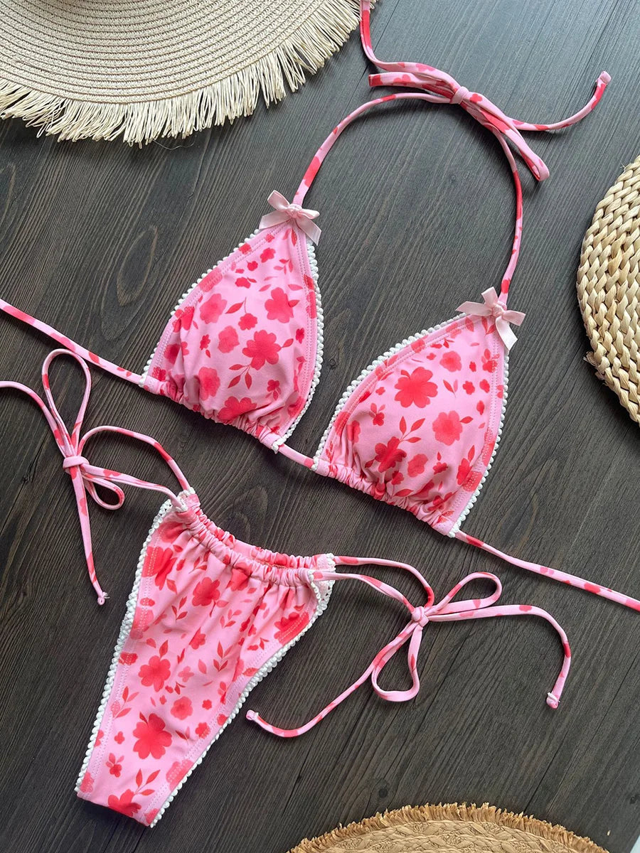 Floral Print Halter Strappy Bikini