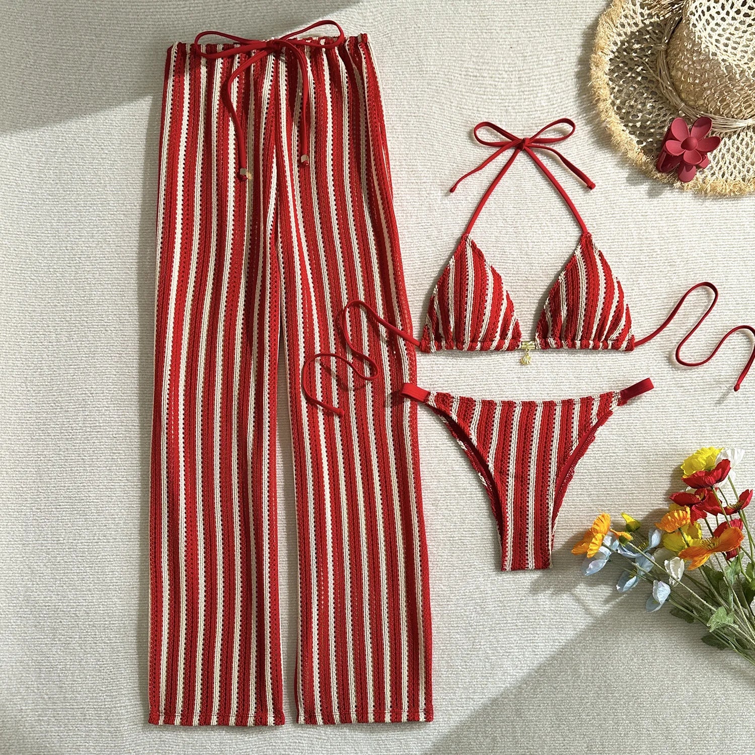 Vintage Red Striped Bikini Set