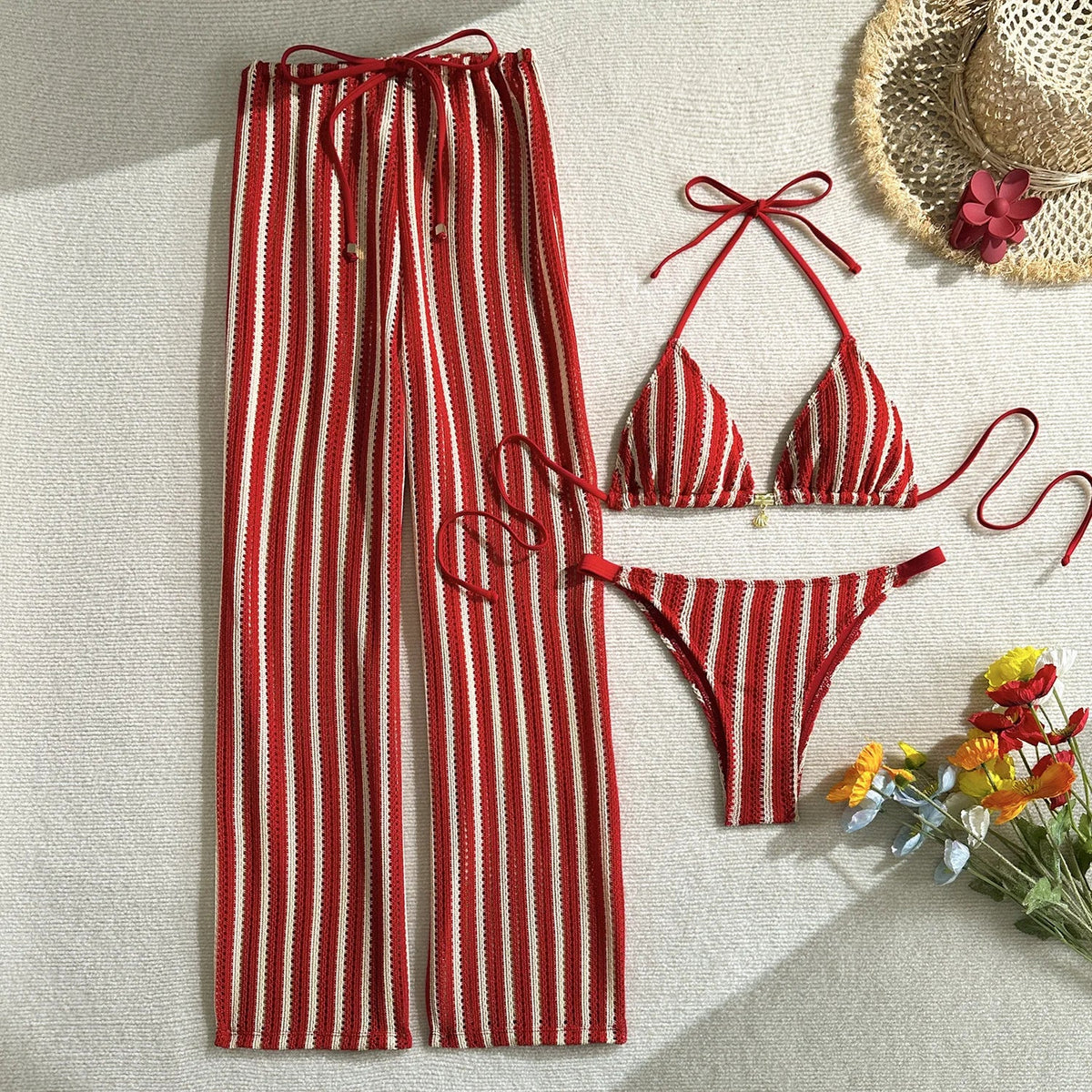 Vintage Red Striped Bikini Set