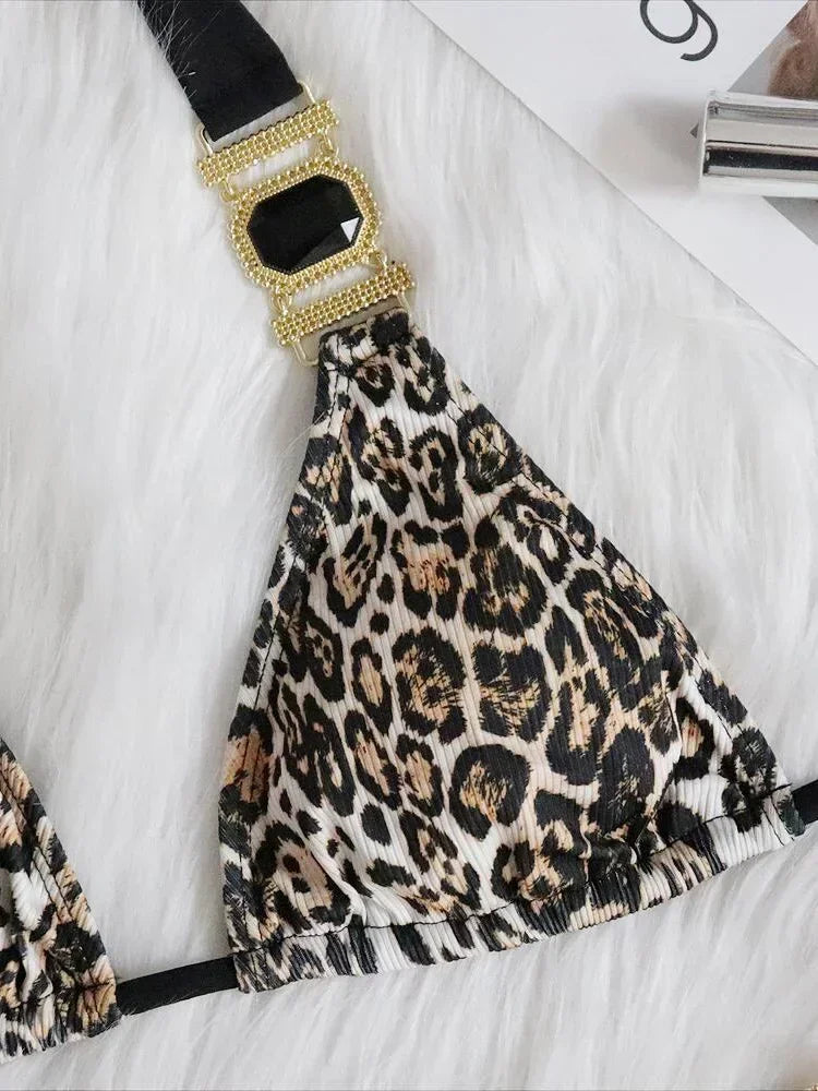 Sexy Leopard Halter Rhinestone Diamond Bikini